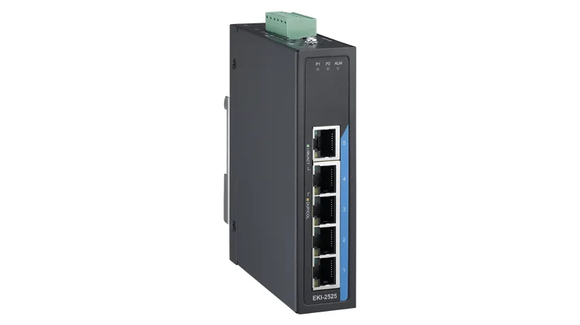 Mặt trên switch Advantech EKI-2525 với cầu đấu vít 6 chân cho hai đầu vào nguồn và tiếp điểm relay cảnh báo