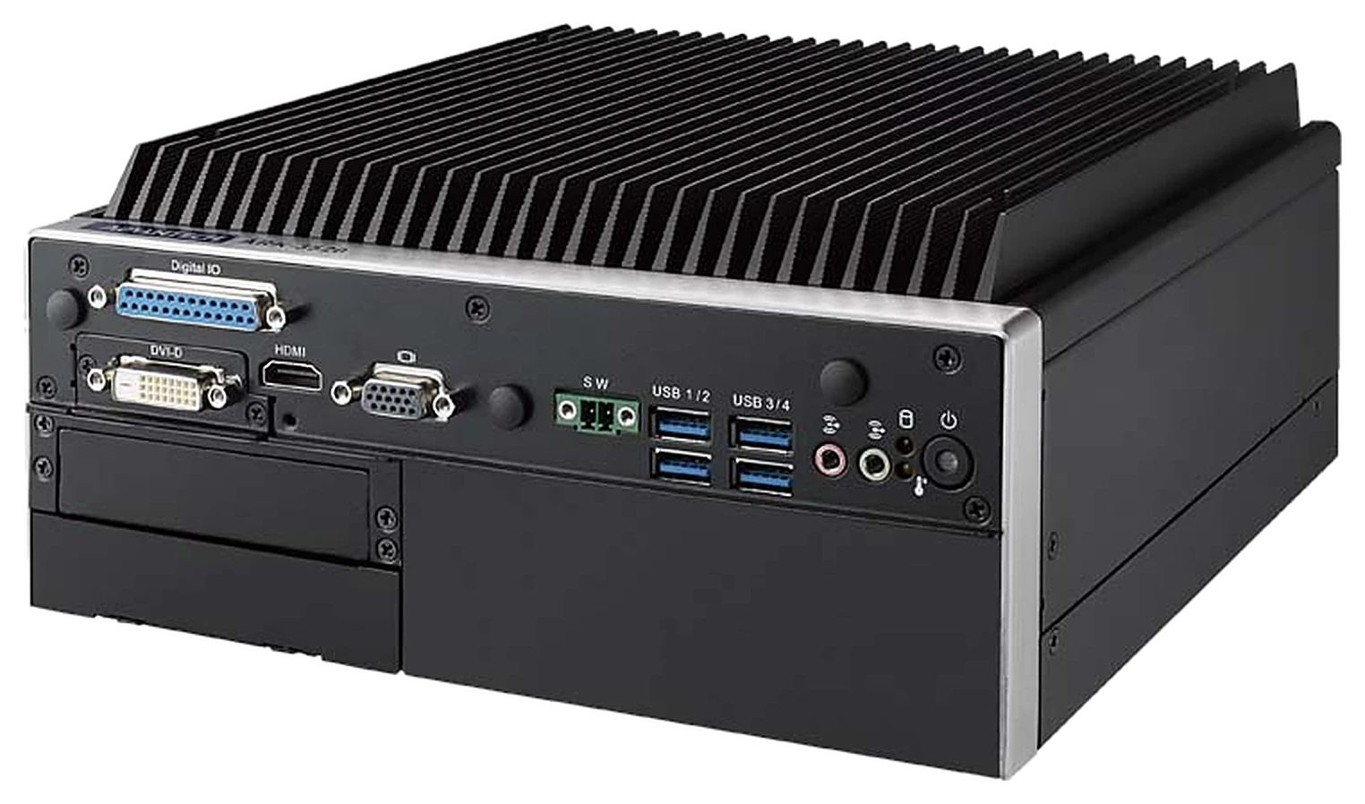 Máy tính công nghiệp không quạt Advantech ARK-3520L nhìn chếch, thấy mặt trước và cánh tản nhiệt