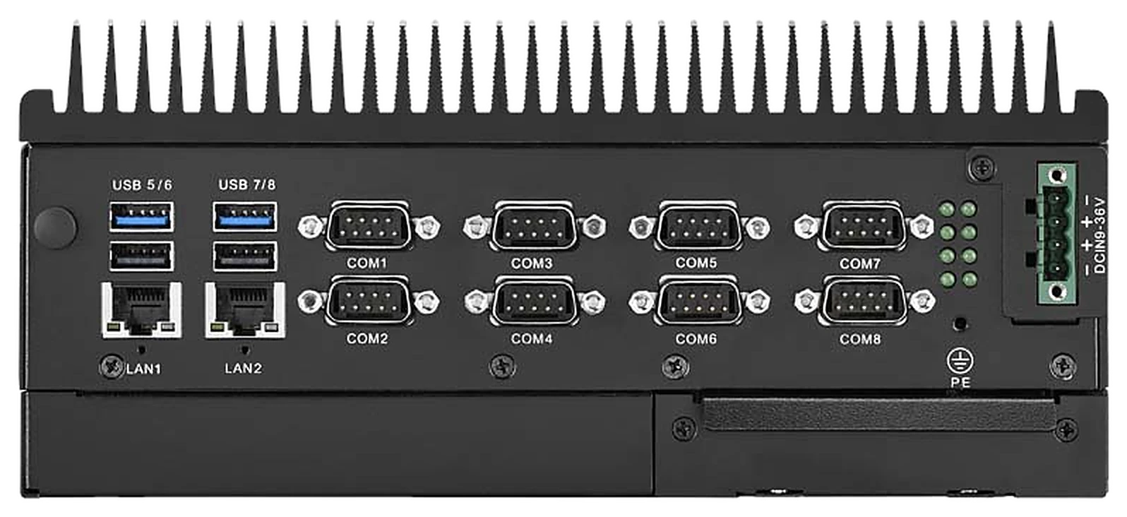 Mặt sau của ARK-3520L: tám cổng COM, hai cổng LAN, bốn cổng USB và cầu đấu nguồn