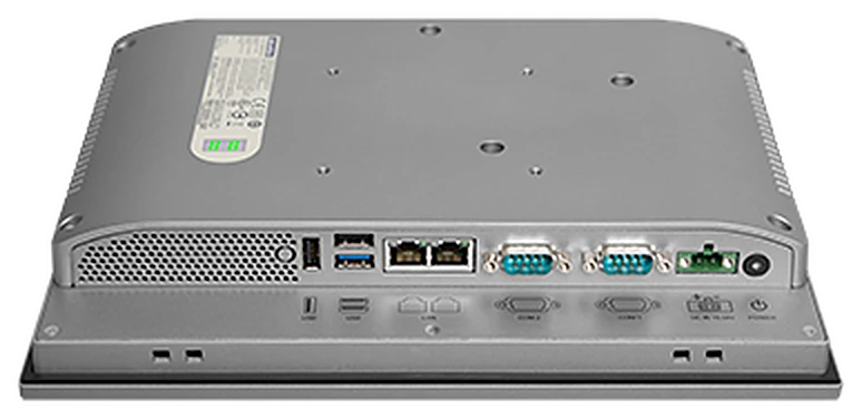 Cạnh dưới của PPC-3100S: cổng USB, LAN, COM và cầu đấu nguồn