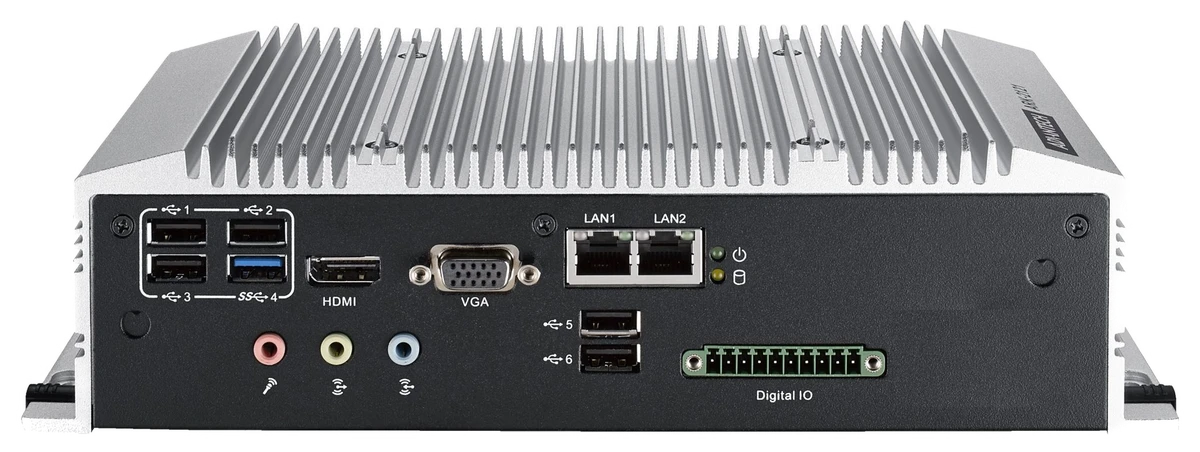 Mặt cổng kết nối của ARK-2121F: sáu cổng USB, HDMI, VGA, hai cổng LAN và khối Digital IO